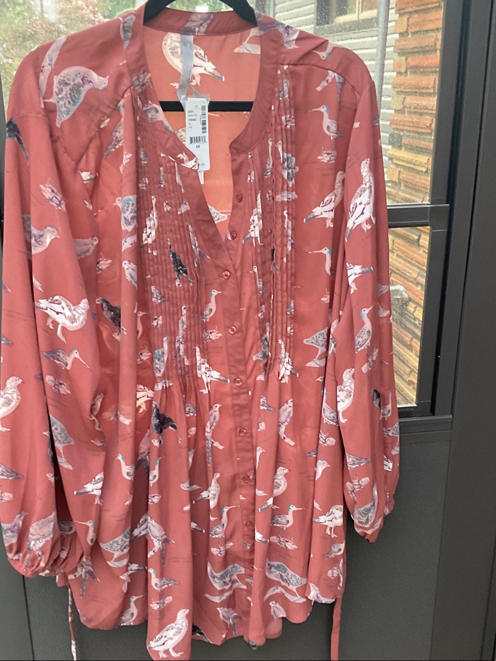 Melissa McCarthy Seven7 Coral Bird-Print Pintuck BlouseNWT